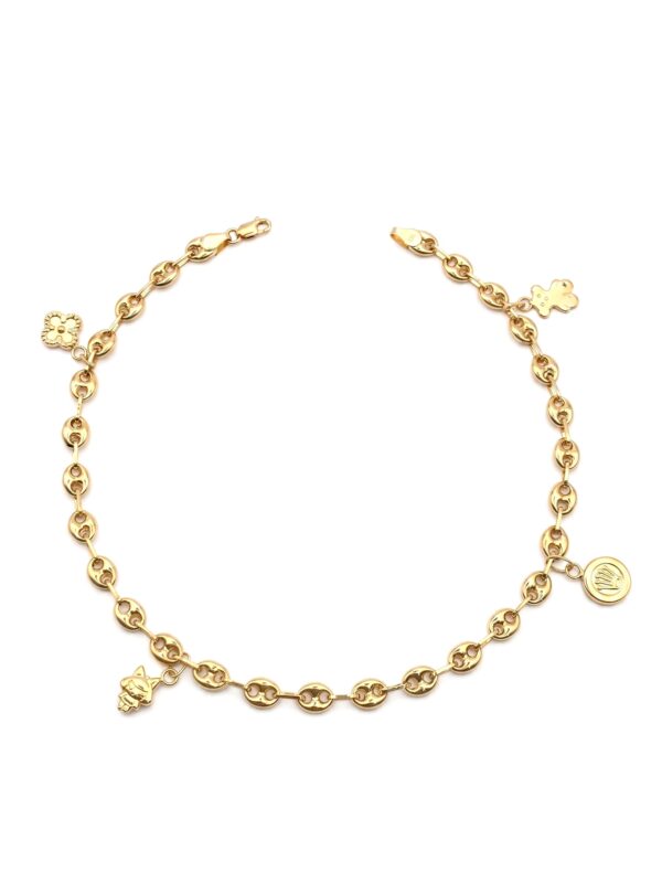 TOBA002 TOBILLERA DE ORO CON DIJES VARIOS