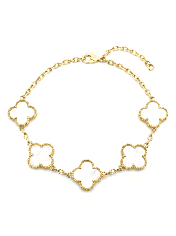 PL105 PULSERA TRÉBOL NACARADO EN ORO 18 KILATES