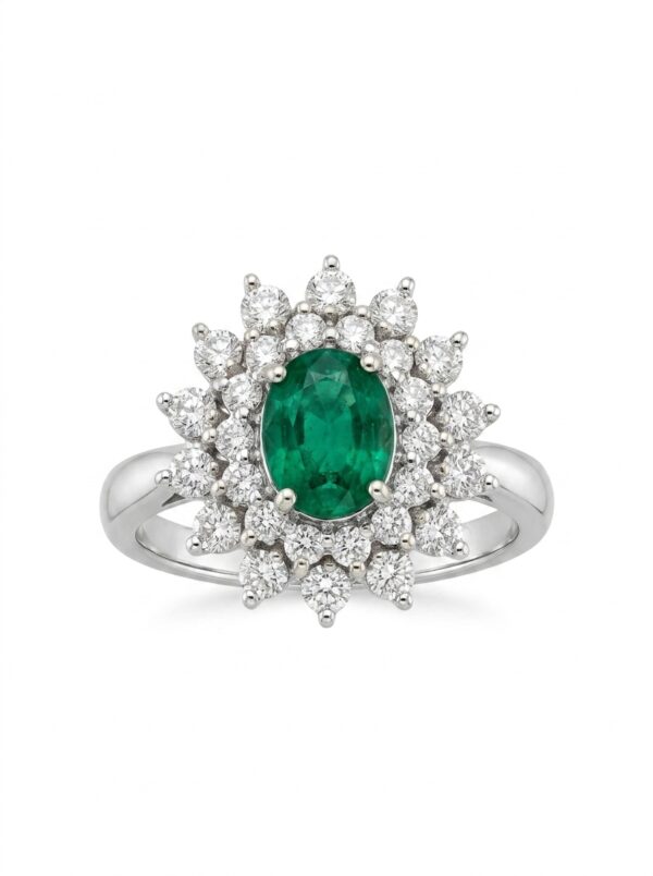 H197 ANILLO CON ESMERALDA Y DIAMANTES EN ORO BLANCO